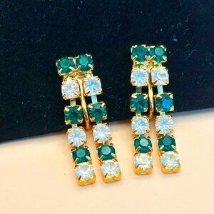 Trifari Clip-On Earrings, 1980s Green and White Rhinestones